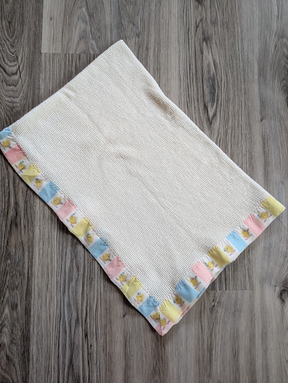 VTG Cannon Mills Waffle‎ Knit Baby Blanket  Chics Nylon Binding 52" x 36" Lovey